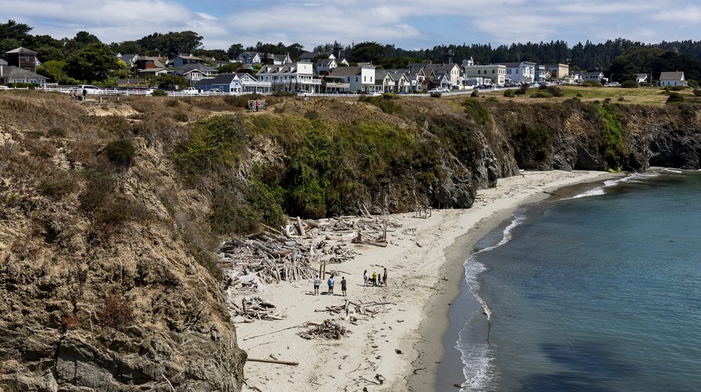 View of Mendocino Village and ocean.