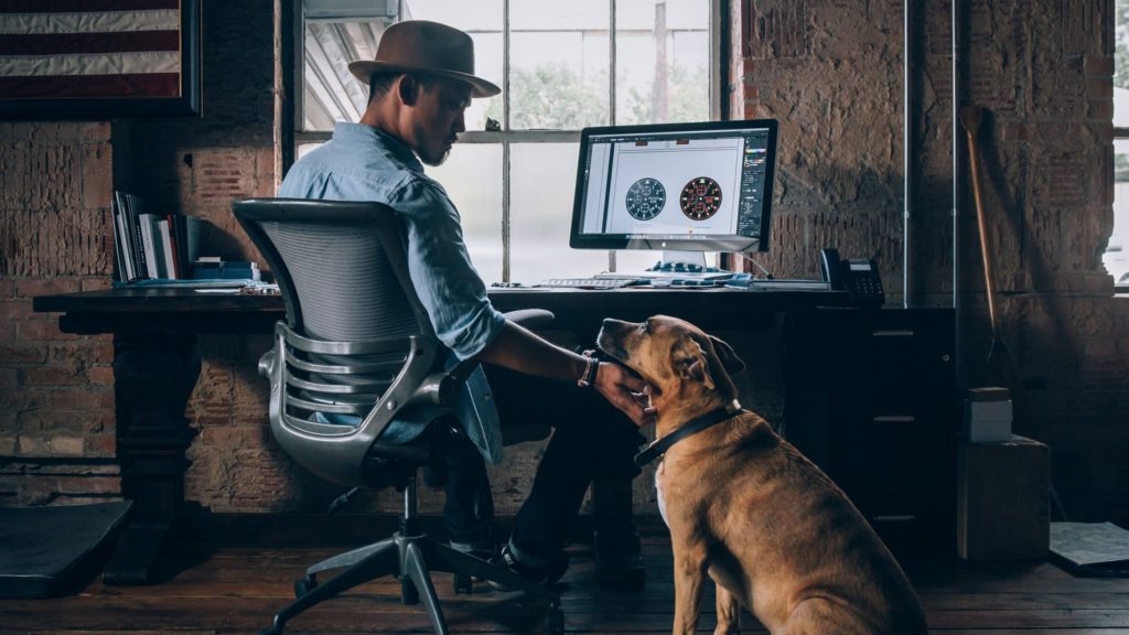 Man at office petting dog