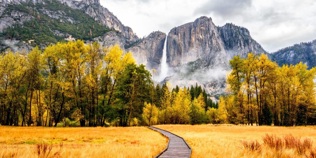 Meadow with boardwalk in Yosemite National Park Valley at autumn