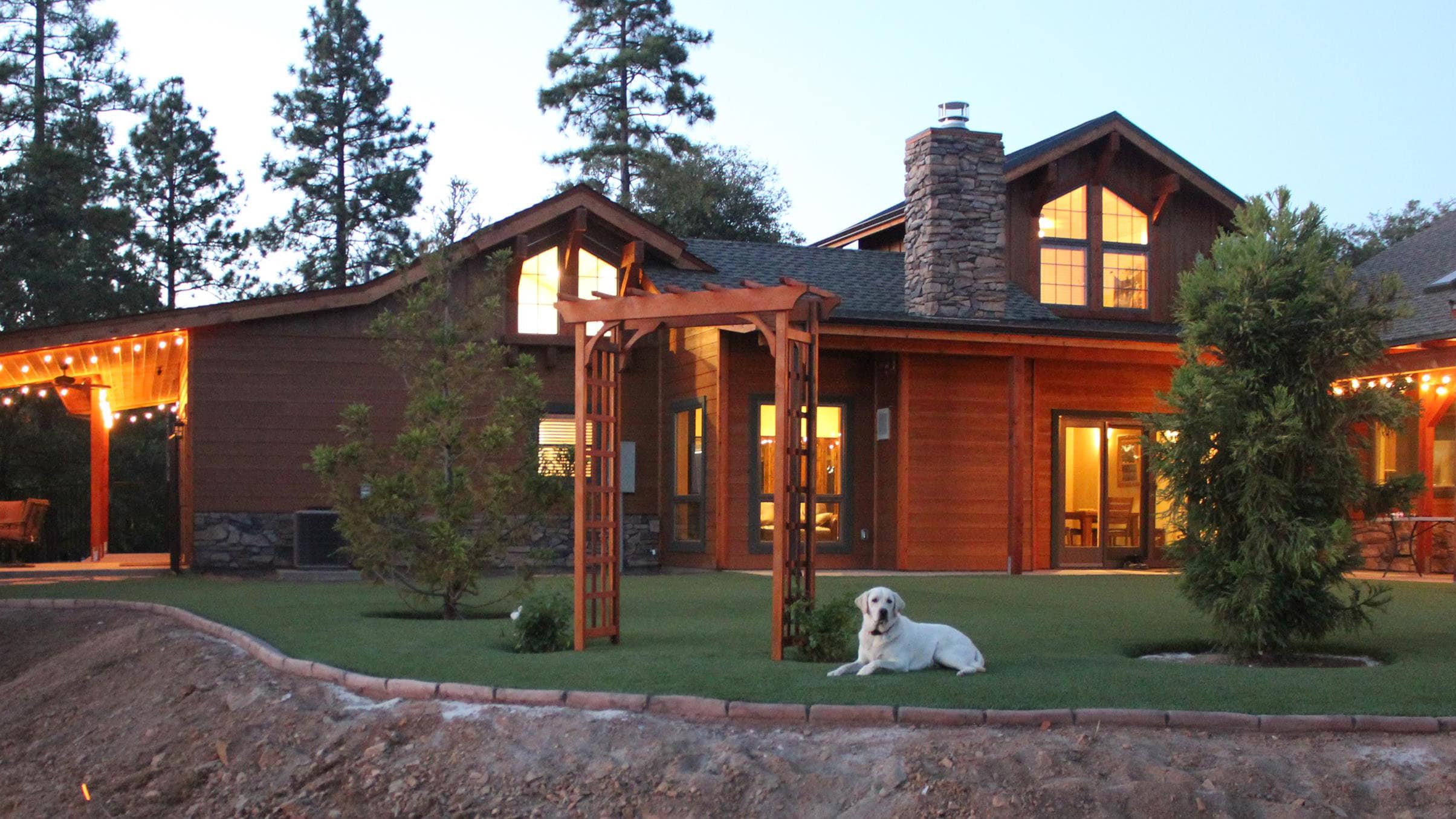 yellow lab on large lawn in front of Dog & Pony Ranch.