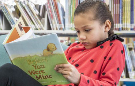 Child reading a dog storybook in Napa