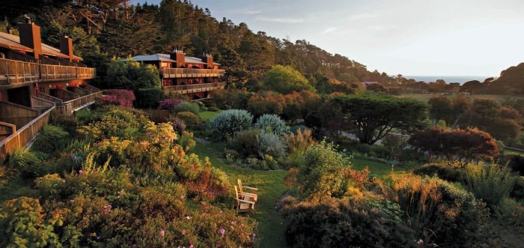 view of Stanford inn overlooking landscaped grounds 