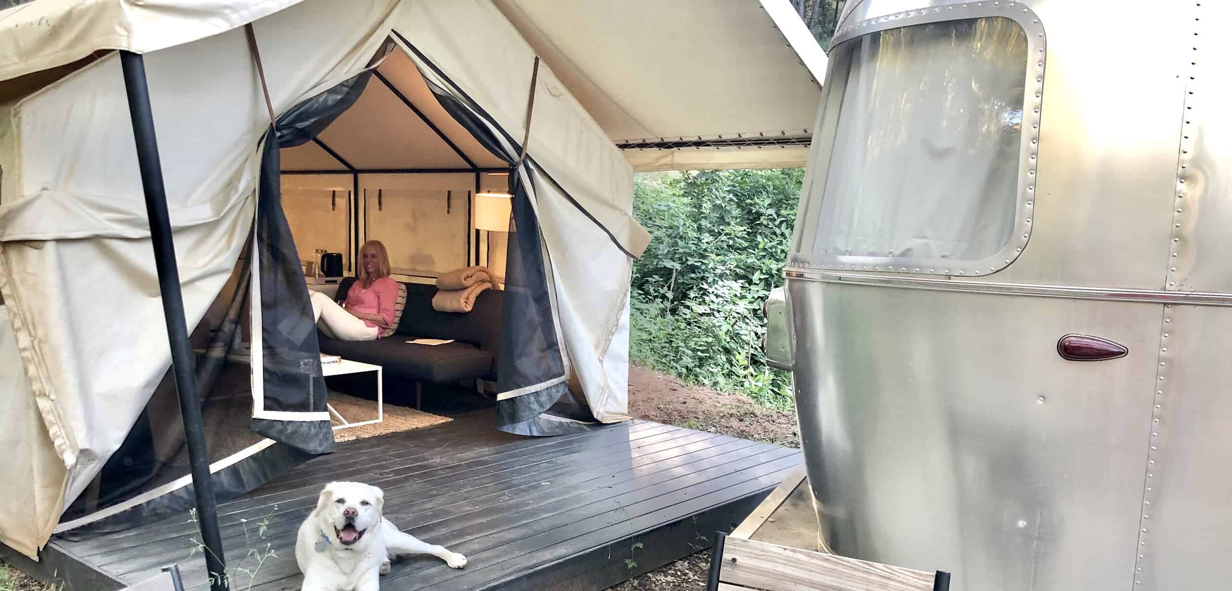 woman and dog at AutoCamp Yosemite