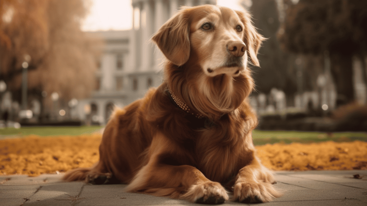 golden retriever dog in front of the capital building